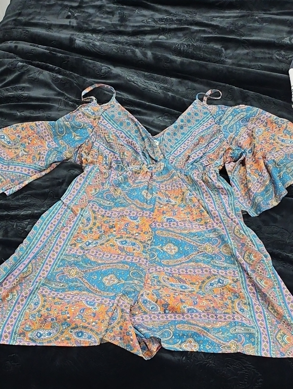 EARTHBOUND Blue and Orange Paisley Cold-Shoulder One-Piece Romper